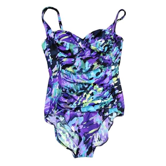 Trimshaper Swimsuit Bathing Suit Size 14 Purple Floral Slimming Ruched - Picture 1 of 4